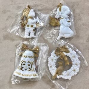 Vintage 8 Victorian Christmas Ornaments White & Gold Trim Plastic New